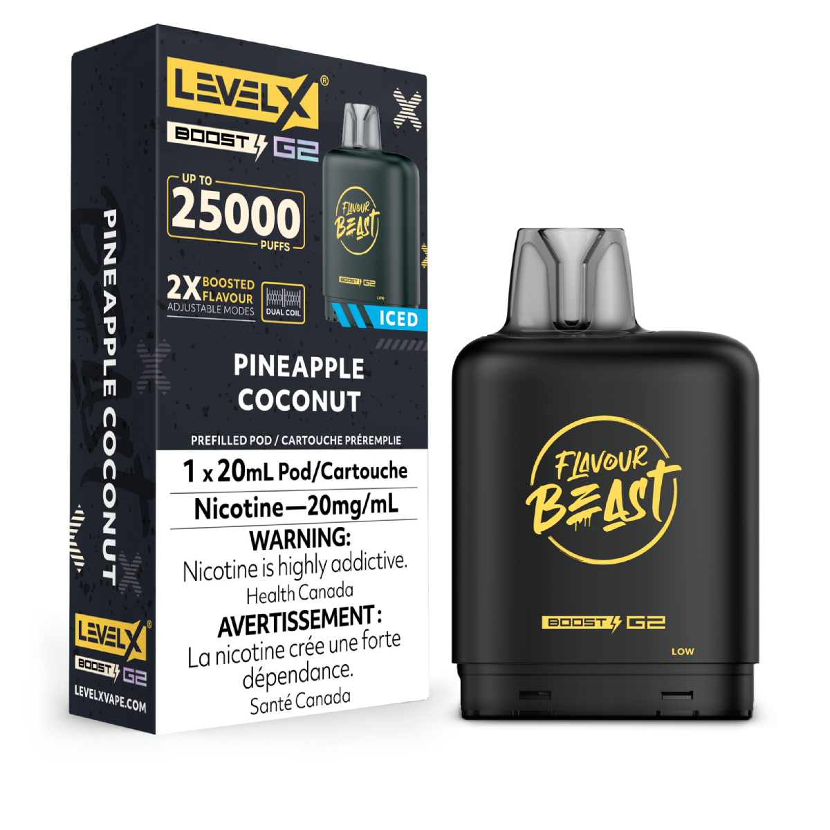 levelx boost g2 flavourbeast pod dec2024 render fam 20mg pineapplecoconut square.webp levelx boost g2 flavourbeast pod dec2024 render fam 20mg pineapplecoconut square.webp